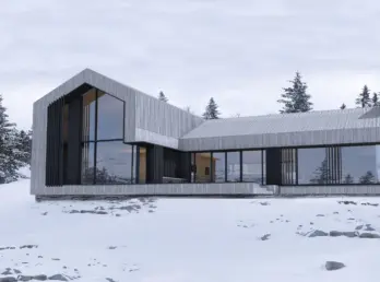HAG — hytte i grå trekledning med asymmetrisk saltak og store vindusflater, på snødekt fjellvidde. Illustrasjon