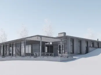 LYS — enetasjes hytte med flatt tak og dyp pergola på trestolper, over natursteinsmur i snølandskap. Illustrasjon